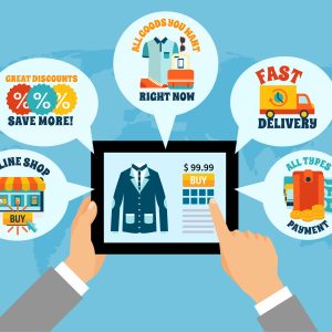 Colorful composition with online shop app screen tablet in hands finger tap swipe features shipping delivery payment worldwide flat vector illustration