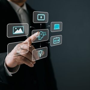 Man touch icon and use ai generates multimedia, marketers education, research, analyze media video streaming content creation and online marketing strategies to grow their digital business